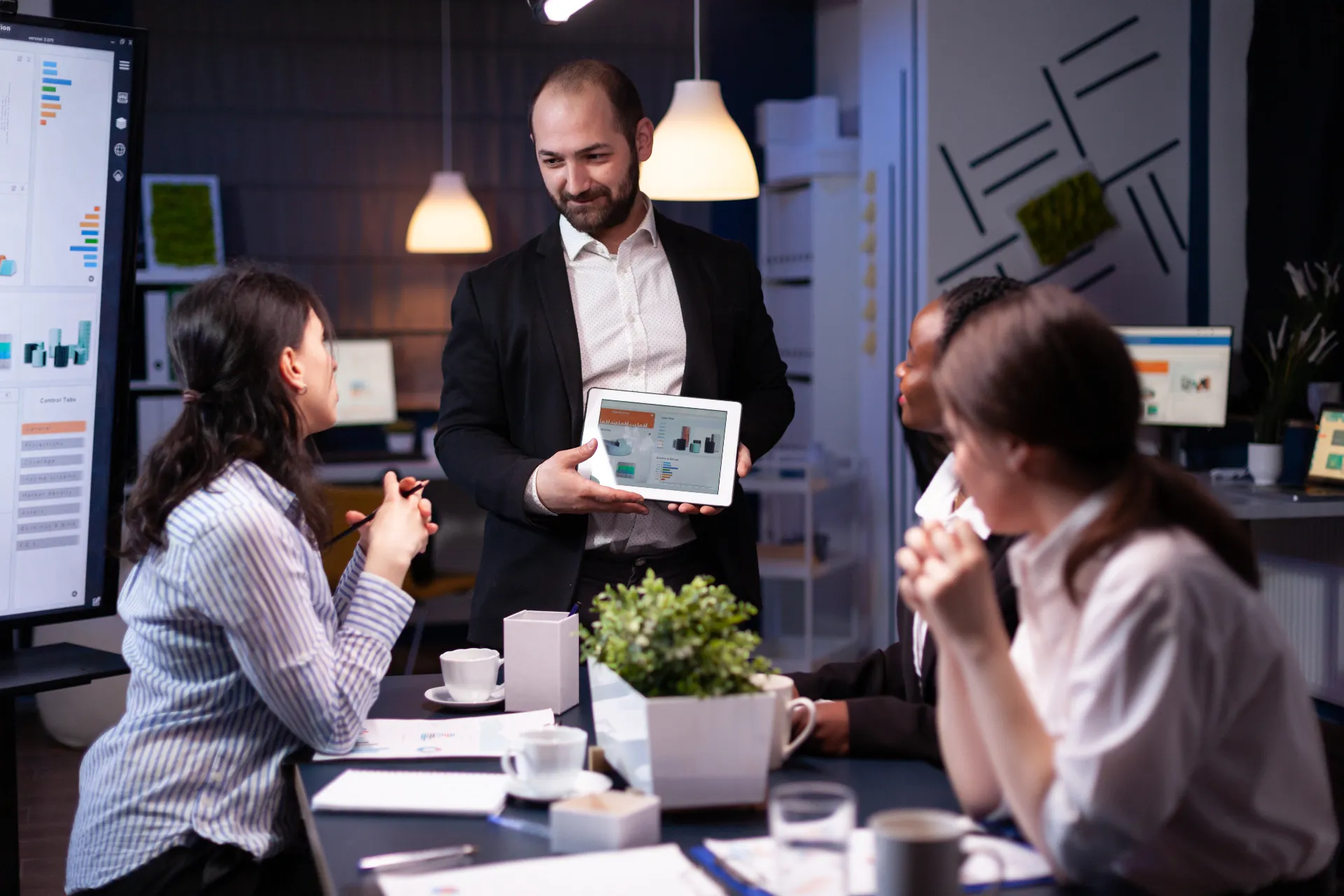 Business team collaboration with data visualization